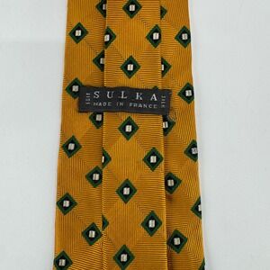 Sulka Silk Tie Mens Gold Green Geometric Diamond Pattern Made in France
